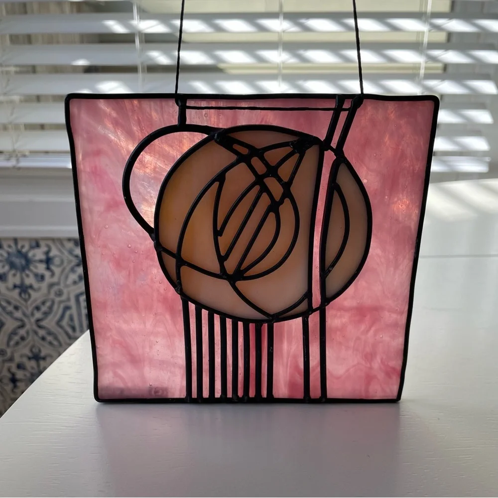 Vintage MMA & GSA Mackintosh rose art glass suncatcher Scottish artist - Picture 3 of 12